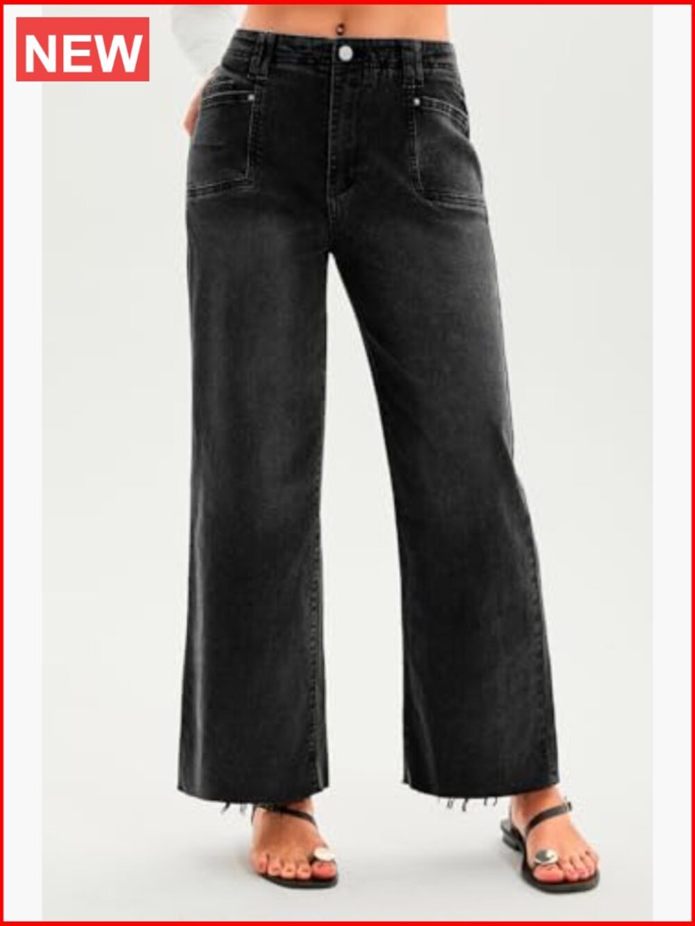 High Waisted Cropped Jeans Baggy Straight Leg Raw Hem Stretchy Capri Denim Pants - Picture 5 of 7